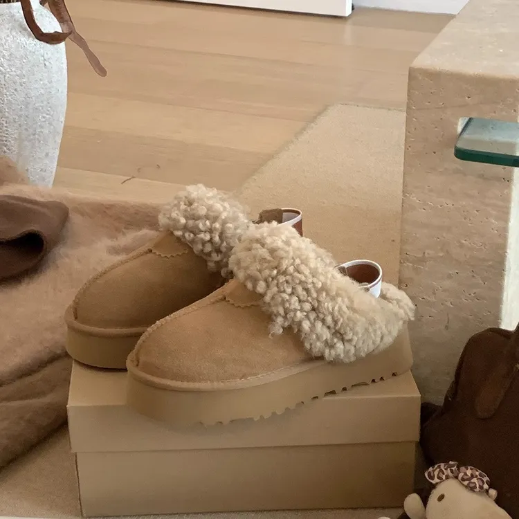 皮带千金风纯色保暖浅口冬季包头拖休闲风厚底加绒厚底毛毛拖鞋