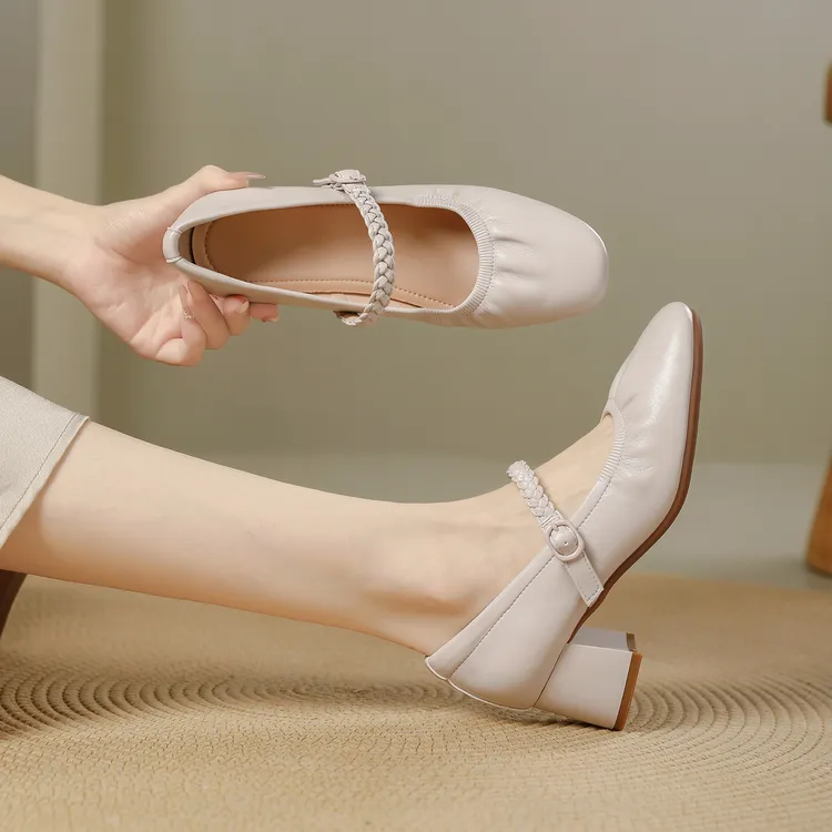 真皮玛丽珍女鞋2025新款法式百搭粗跟皮鞋编织带浅口高跟气质单鞋