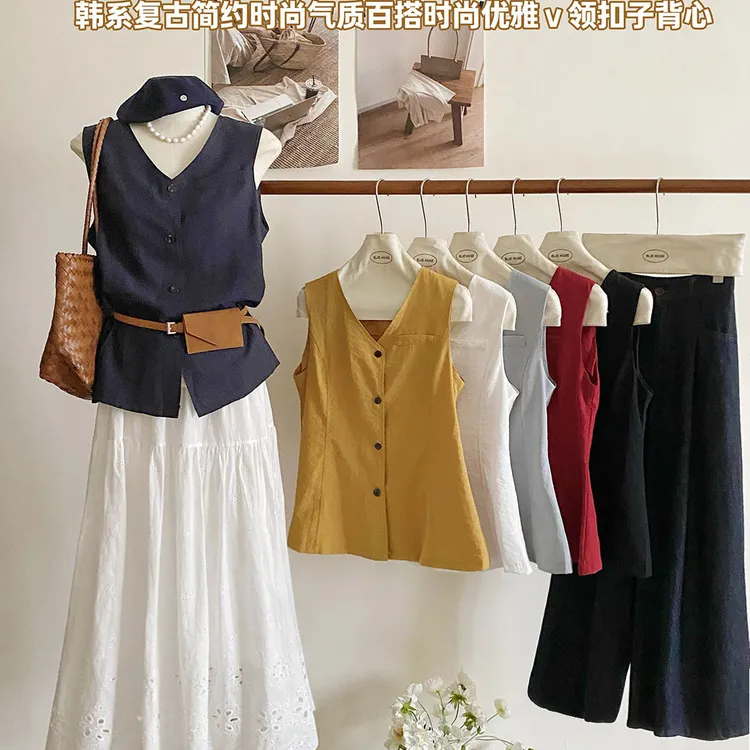 韩风极简微收腰单排扣V领马甲开衫女夏气质小众无袖背心上衣