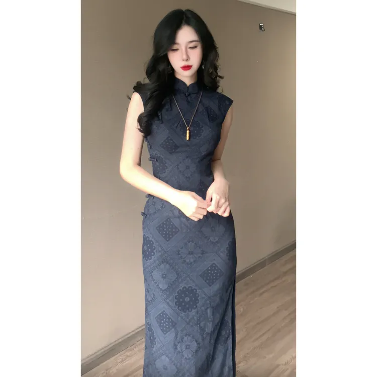 【青城记】玉簪记新中式藏青色复古半开襟日常气质无袖显瘦夏季旗袍