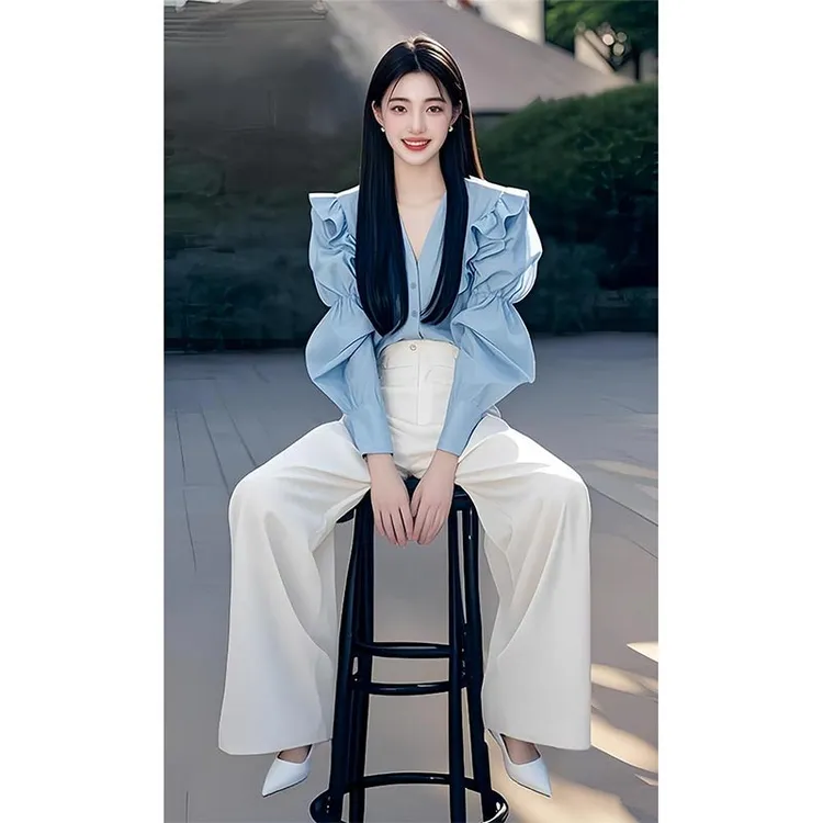 2025春秋韩式新款慵懒风设计感百搭显瘦拼接浅蓝色衬衫裤子套装女