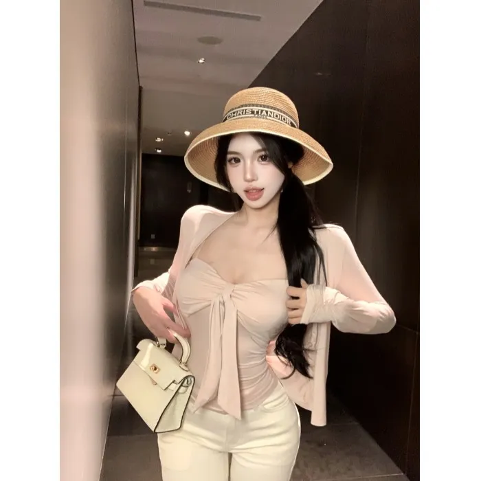 慵懒欧尼 纯欲辣妹气质蝴蝶结抹胸+针织长袖开衫修身两件套上衣女