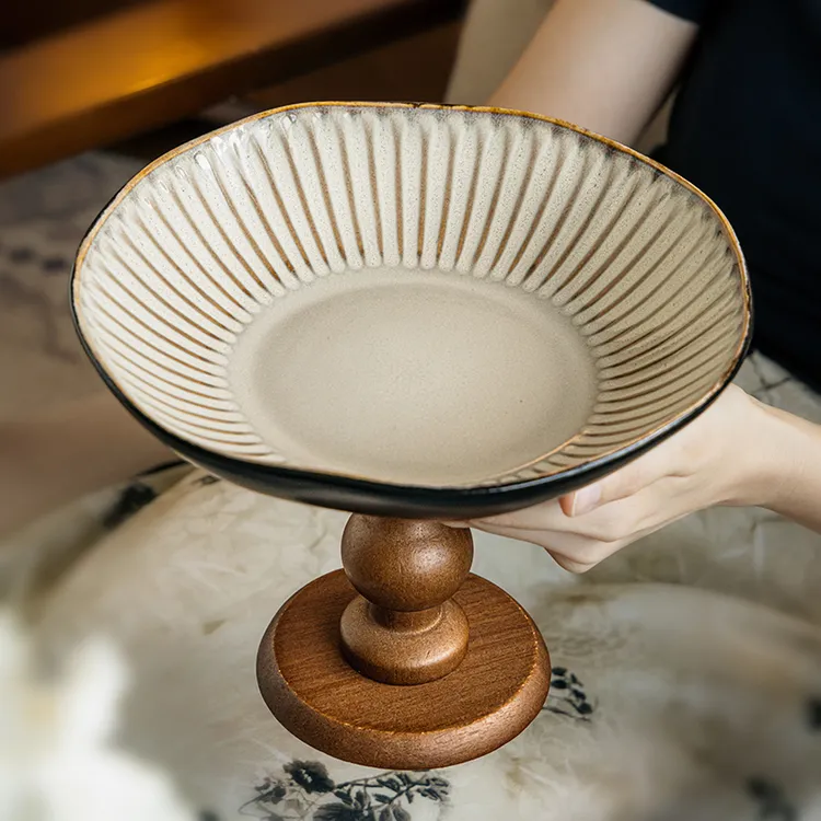 小悠家 小众家居复古木质高脚盘陶瓷水果盘乔迁新居零食摆放盘