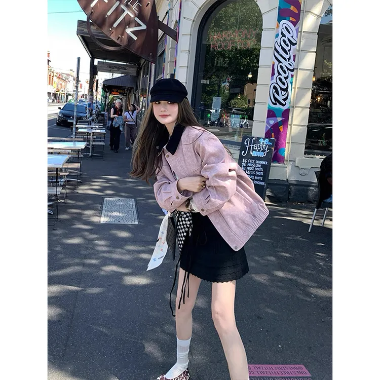 美式复古巴恩风撞色拼接外套女秋季2025新款宽松廓形口袋显瘦上衣