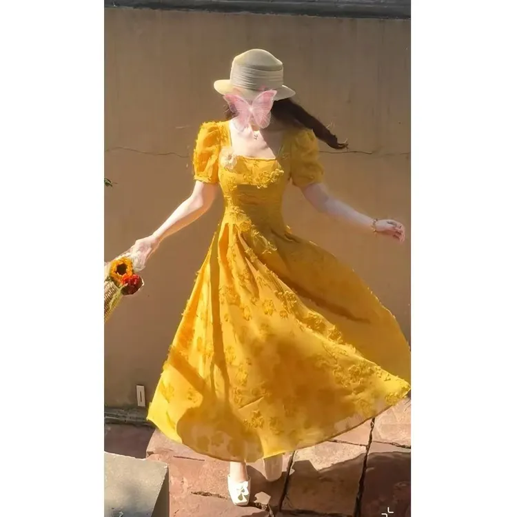 大码【清迈花季】法式气质仙女风复古重工剪花连衣裙洋气千金感长裙