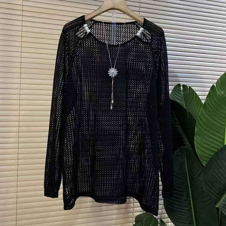 X胖mm欧货时尚新款珍珠设计款渔网防晒打底衫