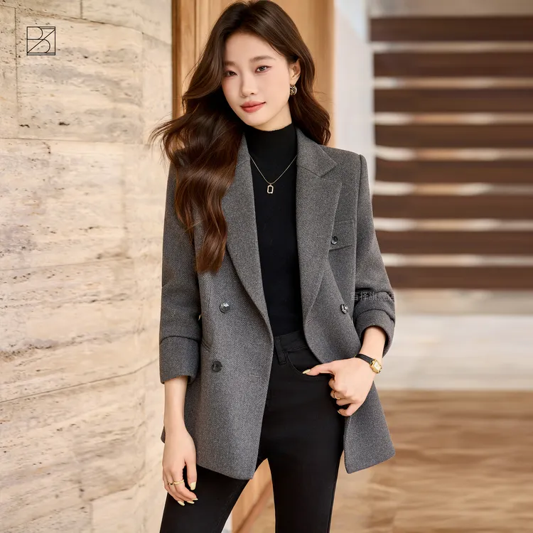 高级灰色西装外套女2025秋装新款韩版气质时尚休闲复古人字纹西服