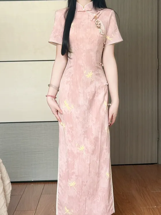 【粉蜻蜓】新中式粉色旗袍少女2025年夏季新款年轻款国风修身连衣裙