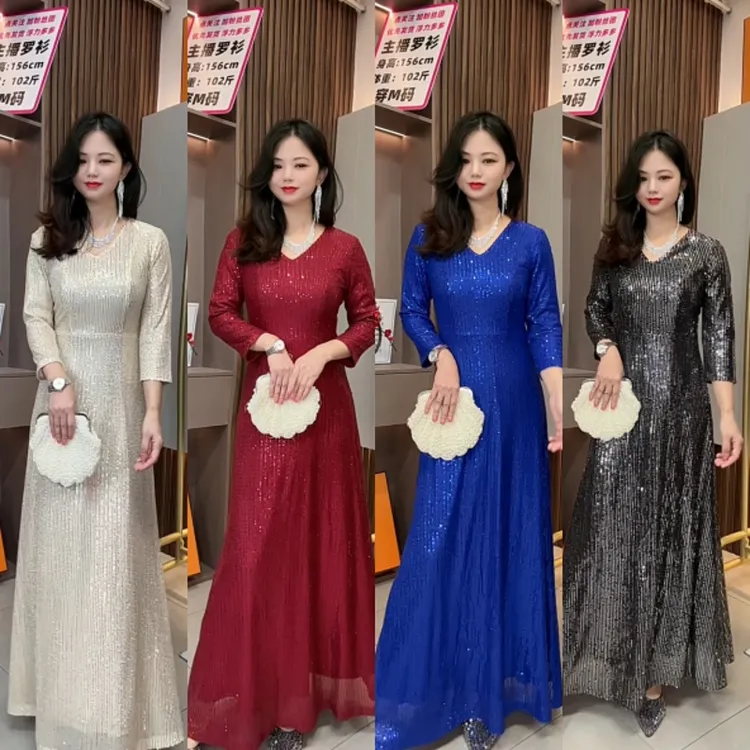 2025新款春夏薄款主持合唱团宴会礼服七分袖大摆裙亮片A裙连衣裙