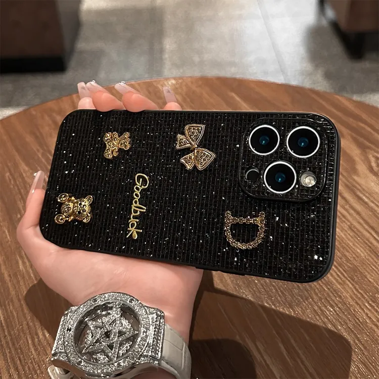 闪片黑色蝴蝶小熊适用苹果16手机壳iphone15皮纹套14时尚高级配件