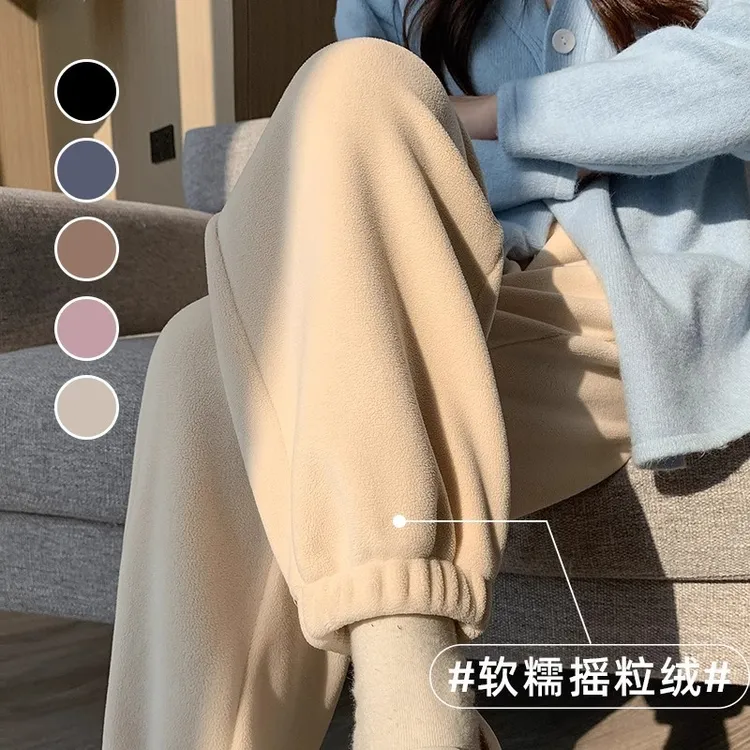 米白色加绒运动休闲裤女秋冬季加厚外穿棉裤摇粒绒暖暖裤束脚卫裤