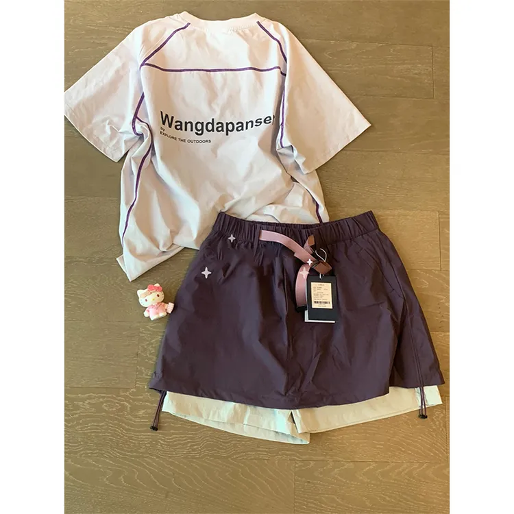 粉紫色哈苏线撞色冰丝速干t恤女款夏季薄款户外休闲运动情侣短袖