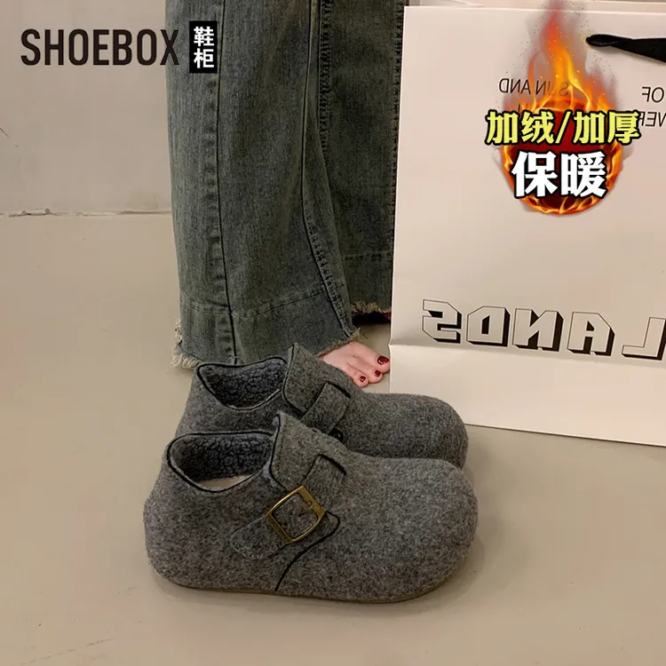 达芙妮旗下鞋柜厚底勃肯鞋女秋冬新款外穿加绒毛毛鞋懒人包头棉鞋