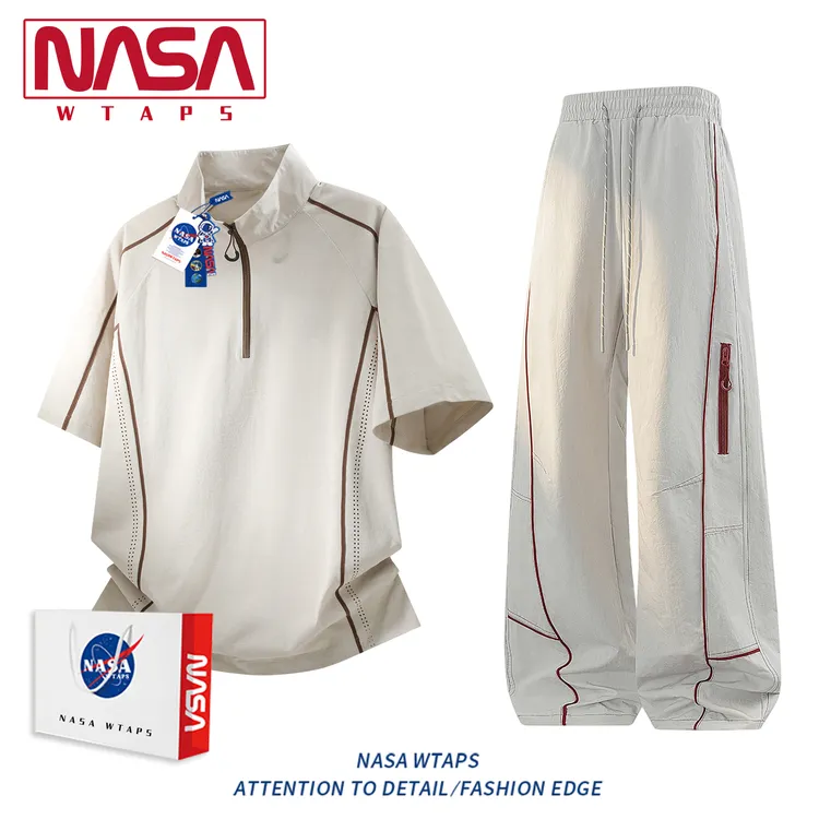 NASA WTAPS休闲夏季穿搭一整套男款短袖半拉链冰丝速干运动服套装