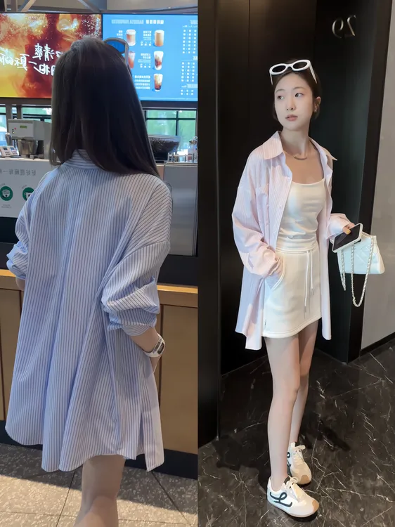 蓝色百搭条纹防晒衬衣外套女夏季新款设计感小众韩系空调衫上衣