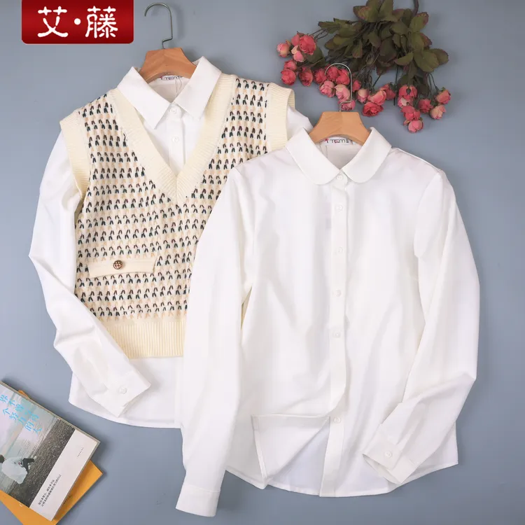 艾藤百搭秋季翻领长袖衬衣职业女衬衫白色通勤正肩白衬衣抗皱上衣