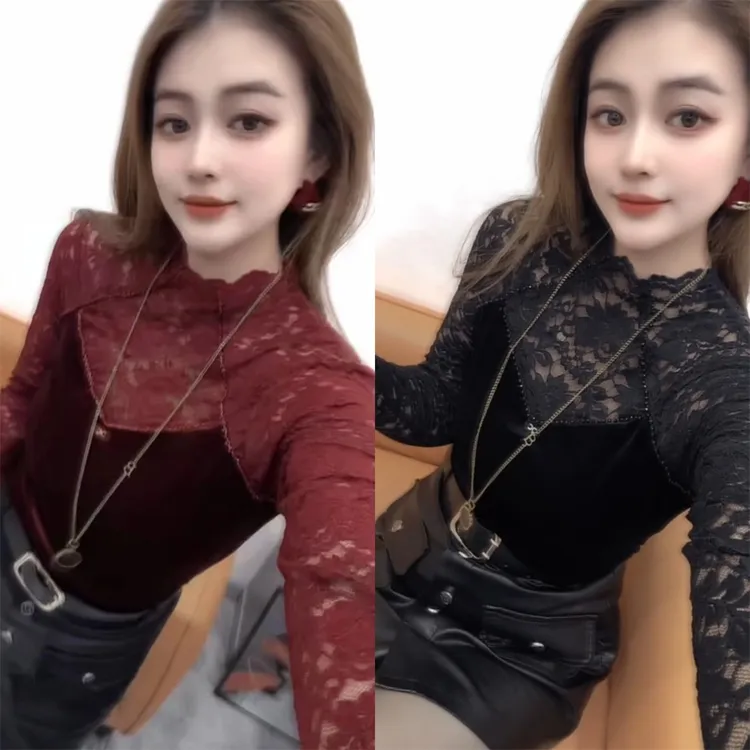 欧货蕾丝拼接金丝绒t恤女装2025秋显瘦上衣时尚女装性感打底小衫
