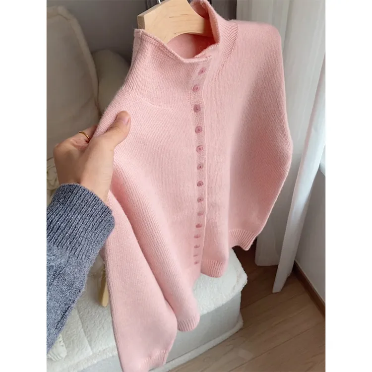 韩系气质半高领针织开衫女冬季大码胖MM百搭高级感甜美风毛衣外套