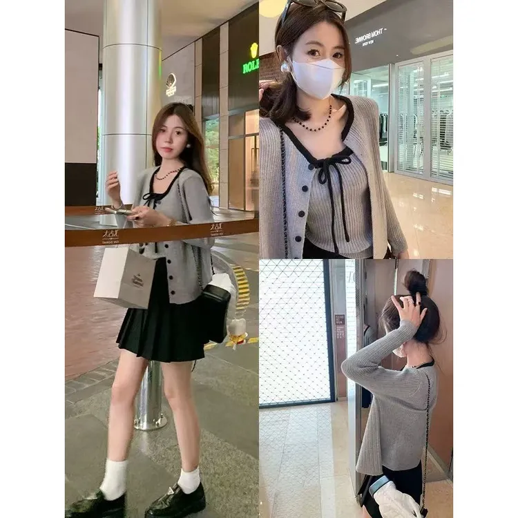 【圆脸苗苗】时尚套装纯欲风针织开衫款女法式长袖毛衣短款洋气显瘦外搭三件套