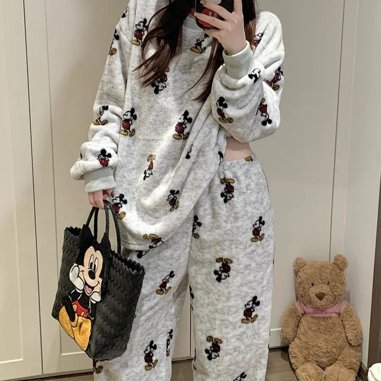 高级感米奇睡衣女秋冬季珊瑚绒法兰绒卡通少女加绒保暖家居服套装