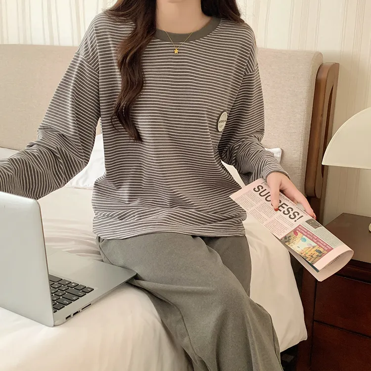 长袖睡衣女款春秋冬季2025新款双面德绒灰色条纹上衣家居服两件套