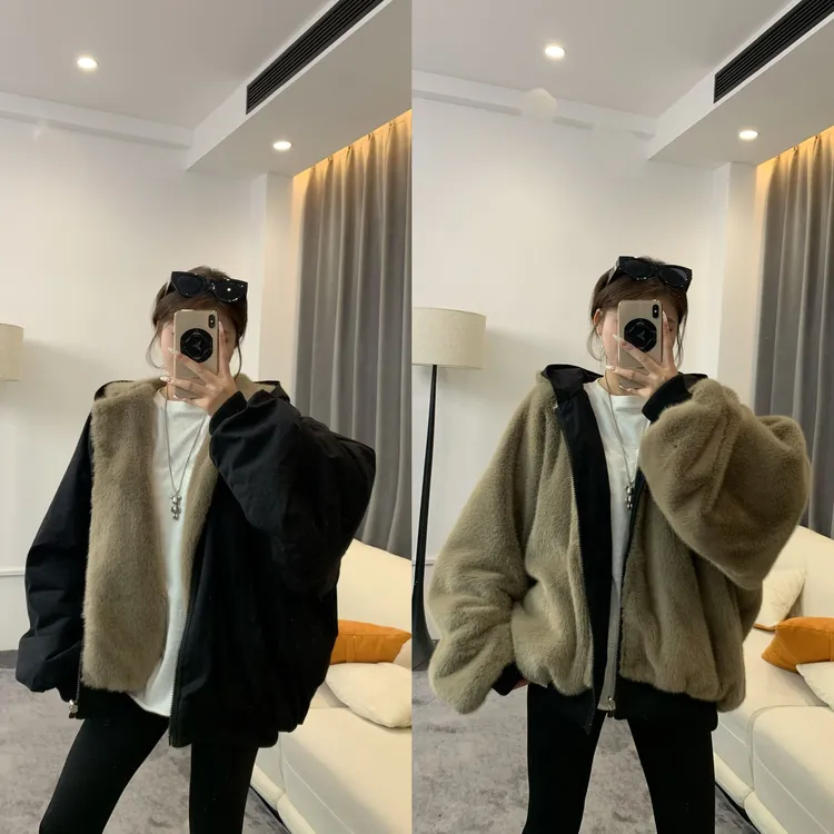 美式两面穿加绒加厚宽松夹克百搭连帽防风保暖男女情侣外套0362