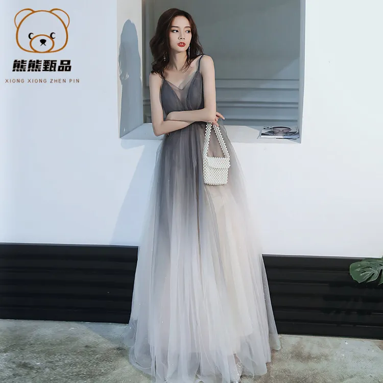 晚礼服2025新款灰色吊带仙气生日小众主持人宴会声乐艺考礼服裙kl