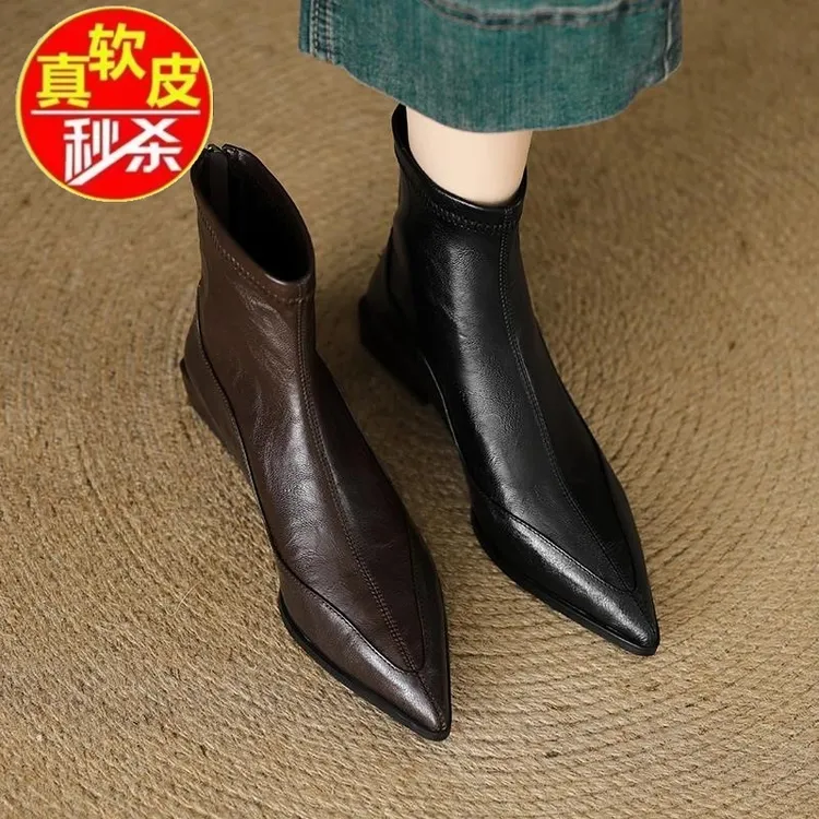 品牌断码复古切尔西靴瘦瘦靴尖头真皮法式尖头弹力靴秋冬新款短靴