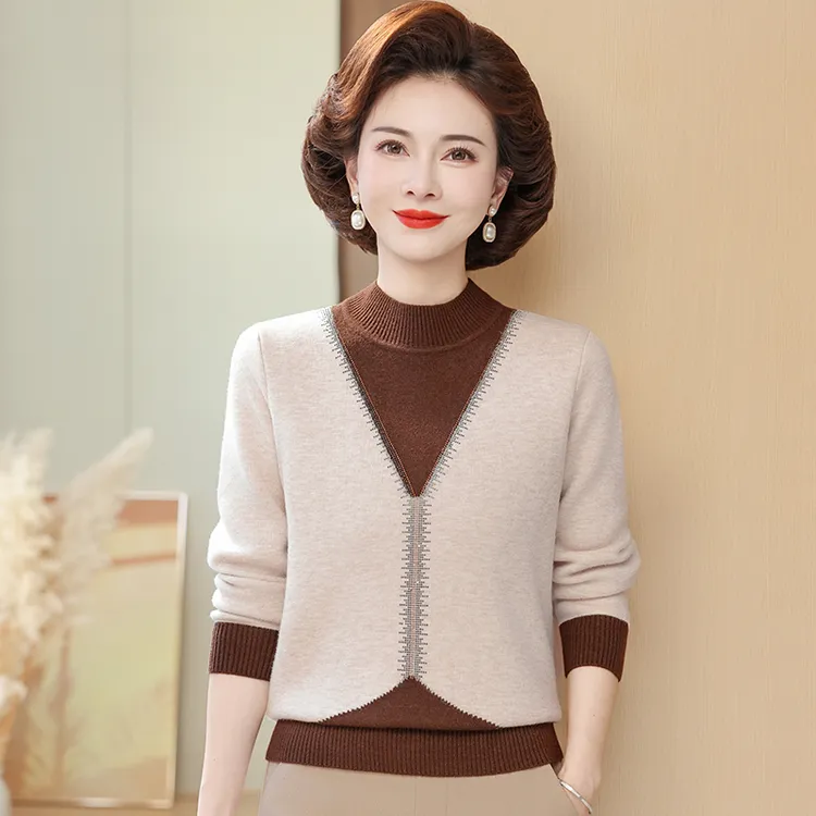 假两件针织衫毛衣秋冬季新款女士绒毛一体上衣妈妈汤钻气质打底衫