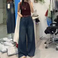复古深色阔腿遮肉牛仔裤女夏季2025新款高腰拖地设计感口袋长裤潮