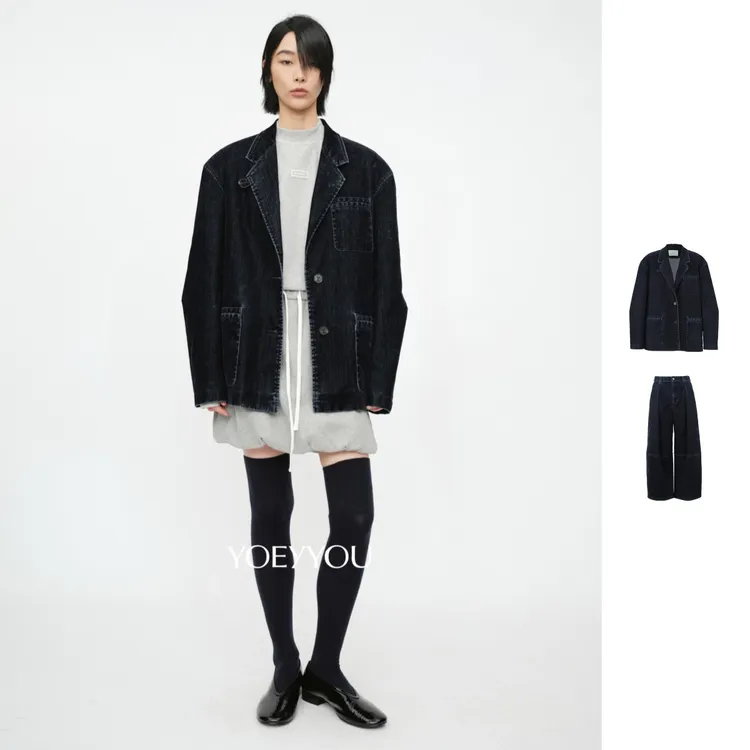 YOEYYOU  25秋冬新品牛仔休闲西服外套0718/宽松倒褶长裤0374
