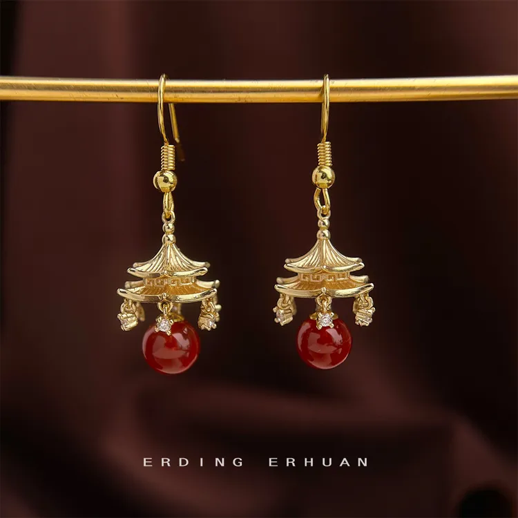 纯铜锆石耳饰 国潮宫灯-设计师款微镶锆石个性新中式新款耳钩耳环