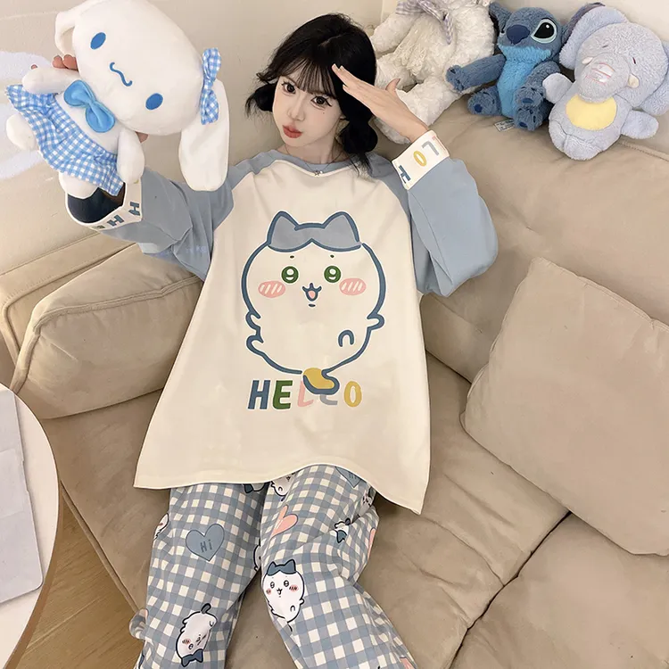 春秋季纯棉睡衣女士长袖薄款卡通胖mm加大码可外穿女款家居服套装