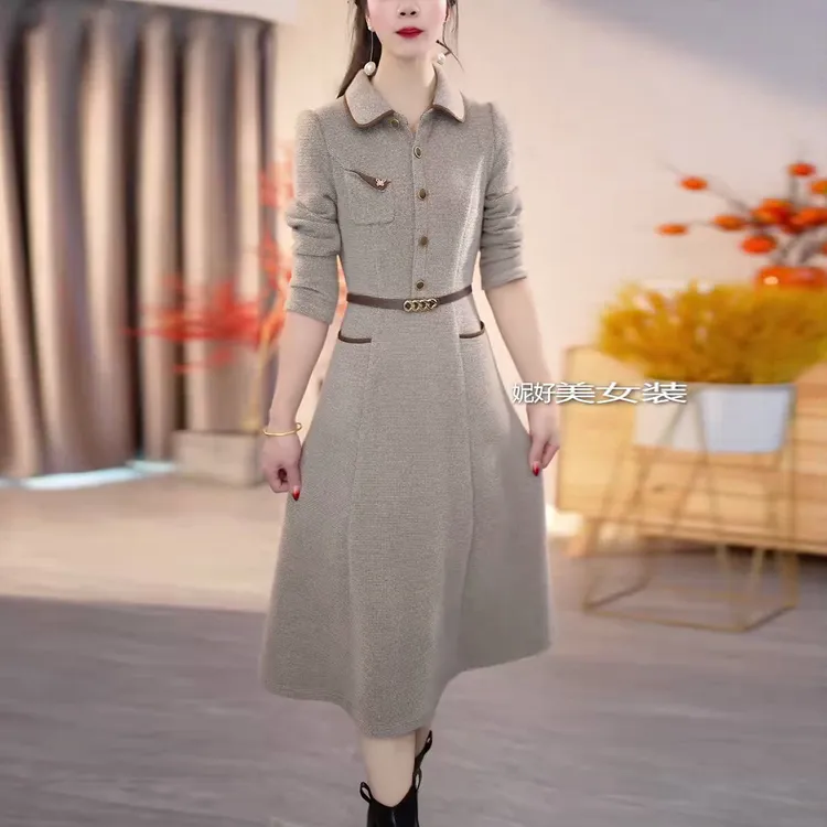 高级华夫格精纺连衣裙2025秋季新款女装时尚气质减龄显瘦优雅裙子