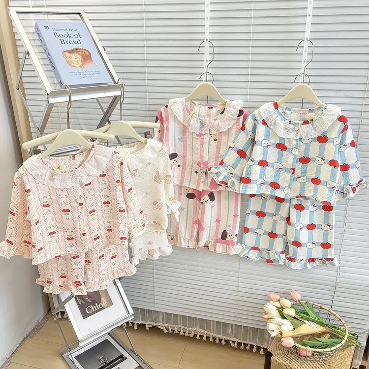 【25年新款】儿童长袖套装家居服空调服卡通新款洋气女童碎花蕾丝边