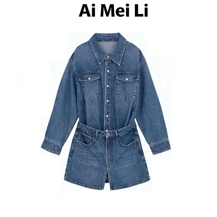 【Ai Mei Li】"牛仔时间" 棉 春季女款设计拼接定制牛仔连体连衣裙商品图