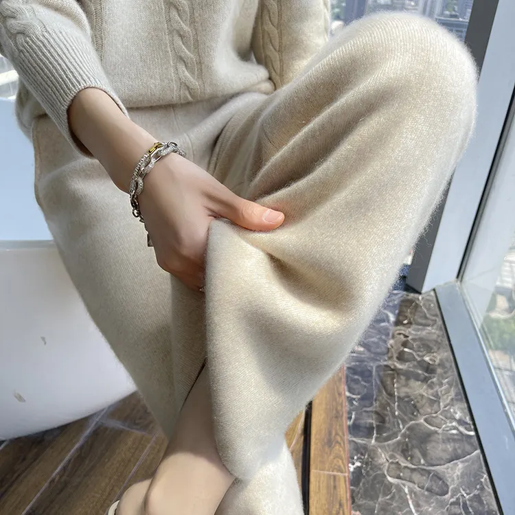 秋冬新款100%羊毛裤子女阔腿直筒裤外穿加厚高腰宽松垂感保暖长裤