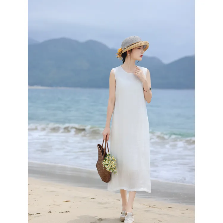 新款100%亚麻进口肌理感网格布时尚文艺休闲显瘦无袖连衣裙法式