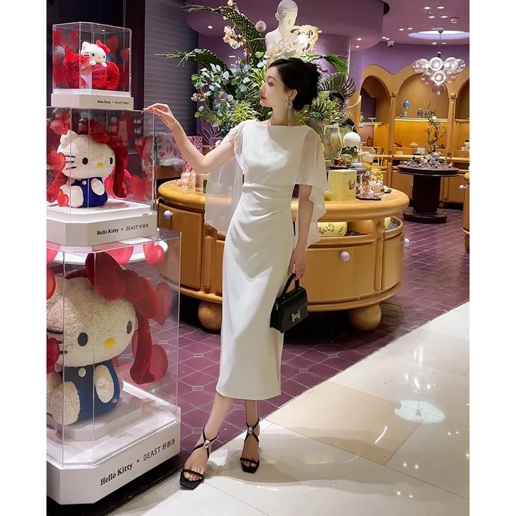 格润雅法式气质连衣裙女2025年夏季新款设计感拼接显瘦开叉裙子