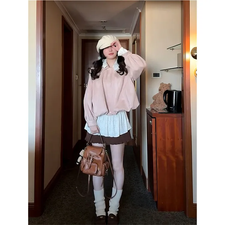 粉色花苞麂皮绒夹克外套女秋季爆款韩版花边领减龄超好看短款上衣