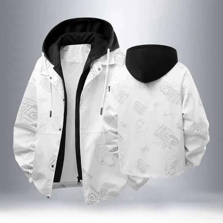 潮牌假两件外套男士青少年学生春季户外休闲连帽风衣夹克