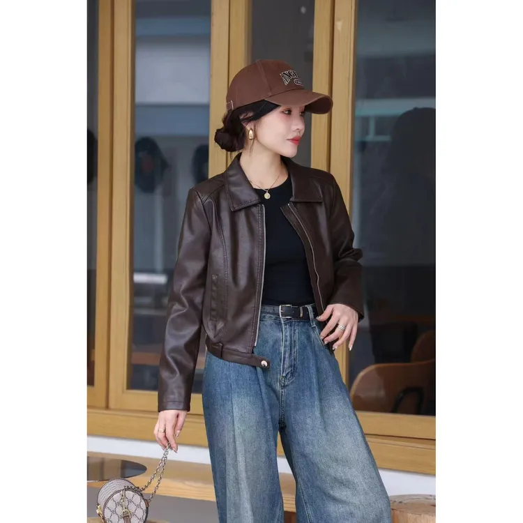 外套女春季2025新款复古港味短款皮衣设计感翻领长袖夹克上衣8548