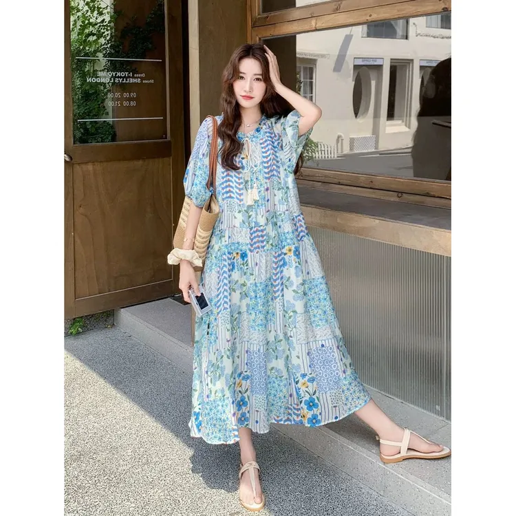 法式蓝色小清晰碎花连衣裙女夏季五分袖遮手臂度假风长裙