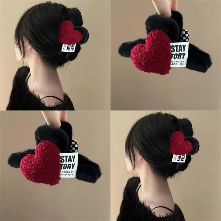 超大毛绒抓夹安可拉红爱心蝴蝶结盘发鲨鱼夹后脑勺发量多夹子气质