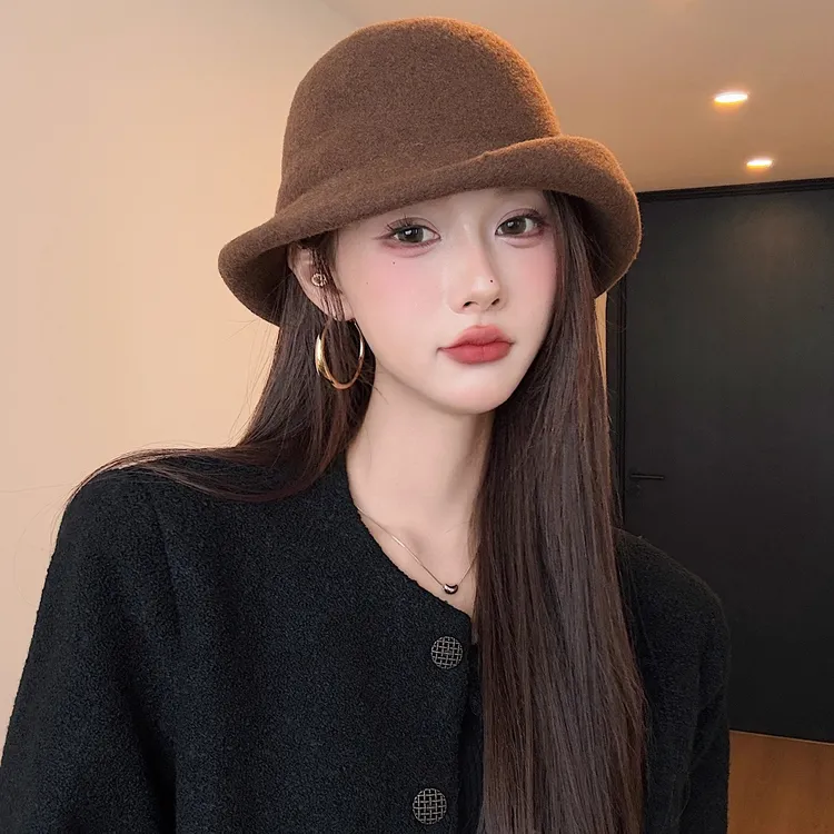 法式复古羊毛礼帽女秋冬高级感卷边渔夫帽优雅气质名媛风圆顶盆帽