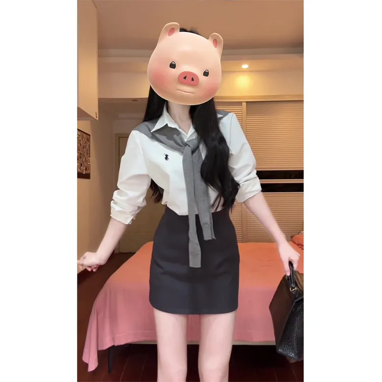 2025秋季新款女韩系穿搭翻领衬衫上衣修身针织披肩高腰显瘦半身裙