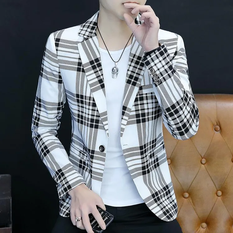 男士格子西装韩版潮流修身西服薄款上衣秋季短款休闲时尚西服外套
