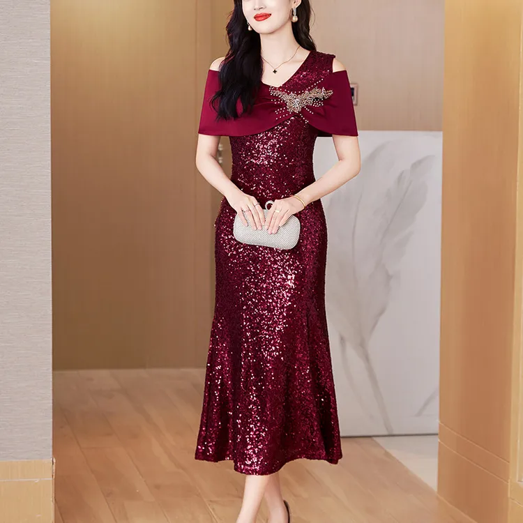 旗袍高端大气上档次夏季喜婆婆婚宴装披肩式亮片礼服连衣裙鱼尾裙