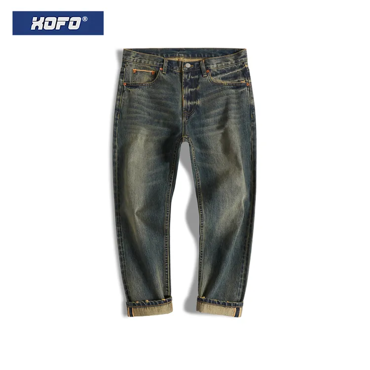 xofo新款复古做旧赤耳九分秋款牛仔裤男士直筒宽松小脚裤子潮牌