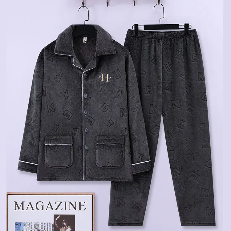 睡衣男款爆款2025新款高级感冬季加绒加厚珊瑚绒爸爸装家居服套装